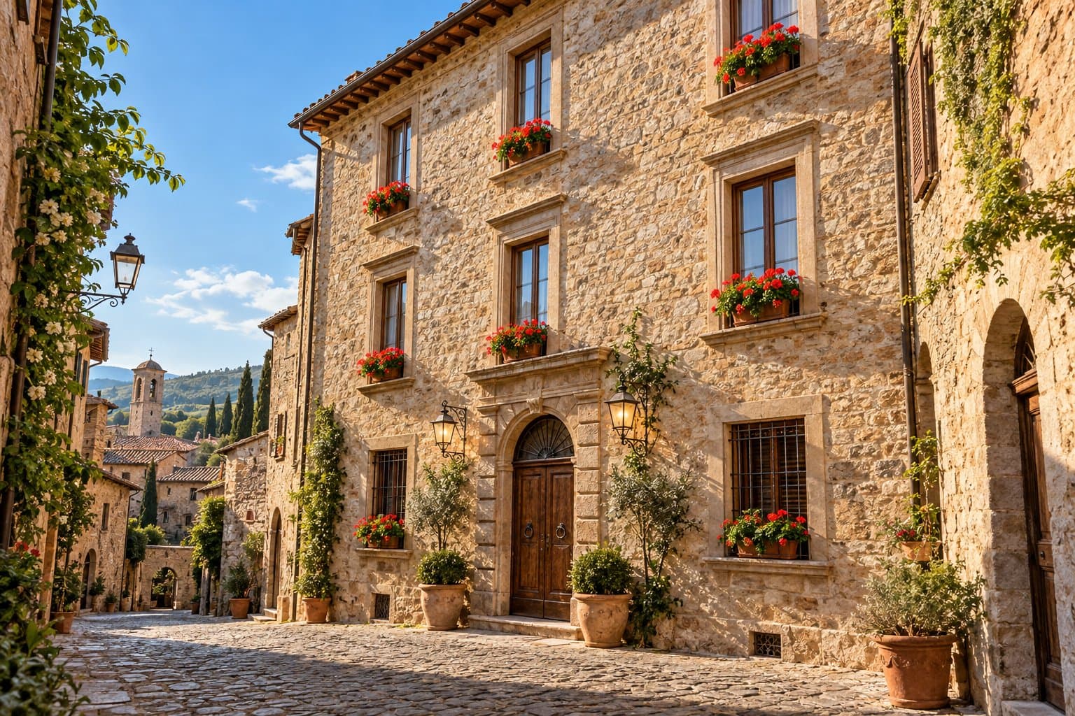 La facciata in pietra del palazzo con il portone e i gerani
